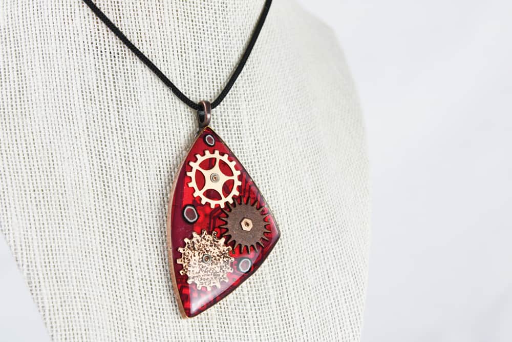 Geared in Red 1 - Circuit Board Pendant - Front